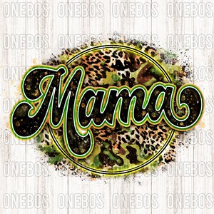 Mama PNG med kamouflage-leopardtryck | Retrobokstäver akvarellstruktur | Glitter Dirt | Cool cirkel-sublimeringsdesign | Utskrivbar överföring