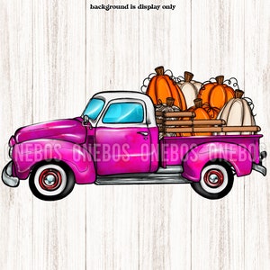 Camión rosa vintage PNG, dibujos animados, viejos rieles de listones de madera de granja, camión de calabaza de otoño, clásico americano, sublimación, uso comercial