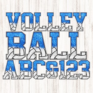 Pode incluir: Letras azuis com glitter que soletram "VOLLEYBALL ABC123" com um padrão de voleibol branco.
