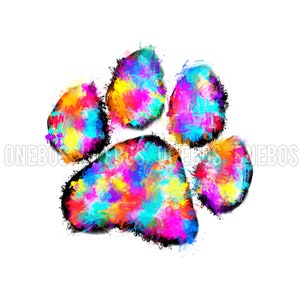 May include: A colourful paw print design with a rainbow of colours, including red, orange, yellow, green, blue, indigo, and violet. The paw print is painted in a splatter style, giving it a dynamic and energetic feel.