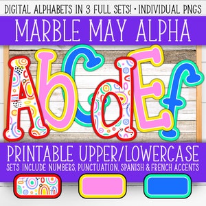 Alfabetnummerset voor borden - Marble May | +Frans en Spaans | Leraar Muren/Deur | Leuke regenboogkrabbel abstracte cirkels AL55BOMM-A181