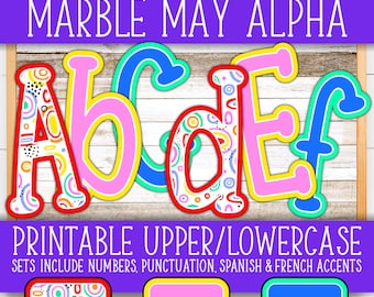 Alphabet Number Set For Boards - Marble May | +French & Spanish | Teacher Walls/Door | Fun Rainbow Doodle Abstract Circles AL55BOMM-A181