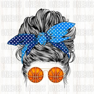 Basketball Mom PNG, Messy Bun Sports, Blue and Royal, College High School Clipart, Bandana Bow Mom Polka Dot, Basketbal Zonnebril Print