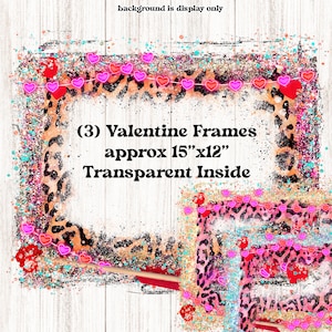Valentines Frame Achtergrond PNG, 3 pack, Transparante Binnenkant, DIY Fill, Glitter Rand met Sparkle, Bokeh, Penseelstreek, Harten, Leopard