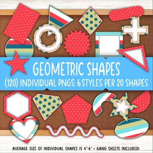 May include: A set of 120 geometric shapes in 6 different styles. The shapes are red, blue, white, and yellow with polka dots and stripes. The shapes are 4 to 6 inches in size.  "GEOMETRIC SHAPES (120) INDIVIDUAL PNGS: 6 STYLES PER 20 SHAPES AVERAGE SIZE OF INDIVIDUAL SHAPES IS 4"-6" + GANG SHEETS INCLUDED!"