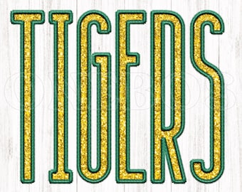 タイガースマスコットPNG、グリーンステッチ＆ゴールドグリッター、フェイク刺繍タイガースデザイン、デジタルダウンロード、グリッター、昇華転写、クリップアート