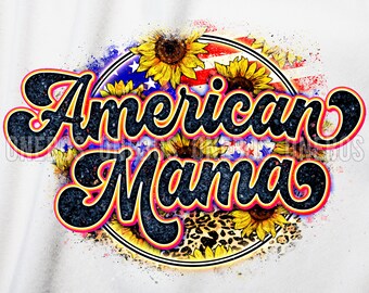 American Mama Sunflower PNG, Background Patch, Patriotic Design, July 4th Round Mama Sublimation, Retro Watercolor, Stars Stripes Leopard