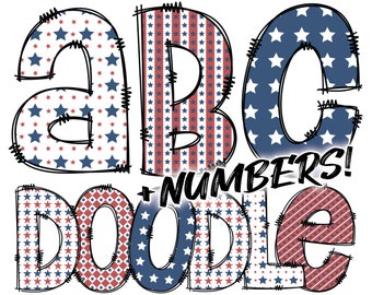 May include: Red, white and blue patterned letters spelling "ABC + NUMBERS! DOODLE" with stars and stripes.