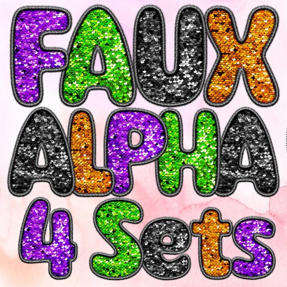 Faux Embroidery, Faux Sequin Stitch Bubble Alphabet Clipart, October Classic Purple, Orange, Green, Black, Black Stitch 4-Pack Bundle, PNG