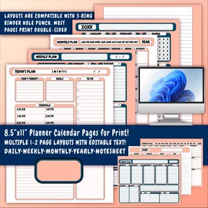 May include: Printable planner calendar pages in a peach and navy blue color scheme. The pages include daily, weekly, monthly, and yearly layouts. The text on the page reads "8.5"x11" Planner Calendar Pages for Print! Multiple 1-2 Page Layouts with Editable Text! Daily-Weekly-Monthly-Yearly-Notesheet"
