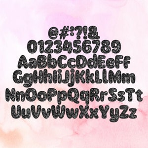 May include: Black glitter font alphabet with uppercase and lowercase letters, numbers, and symbols. The letters are outlined in black and have a 3D effect.