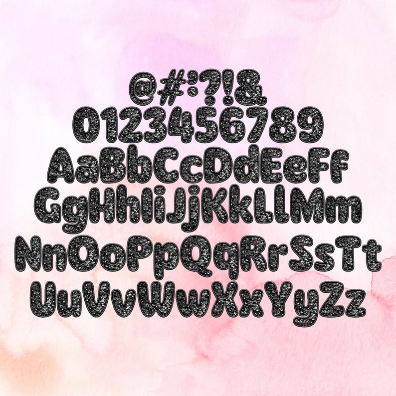 May include: Black glitter font alphabet with uppercase and lowercase letters, numbers, and symbols. The letters are outlined in black and have a 3D effect.