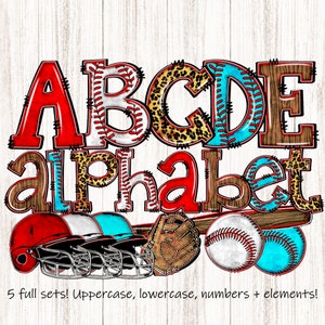 Alfabeto de béisbol Paquete de 5 paquetes PNG, Letras de garabato de sublimación Mezclar patrones de béisbol de coincidencia, Verde azulado, Leopardo, Madera, Rojo, Bola, con elementos