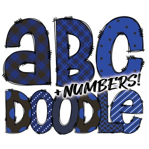 Descarga digital / Doodle Blue Black 1 Pattern Fill / PNG Clipart Bundle Alphabet Pack / Letras y números