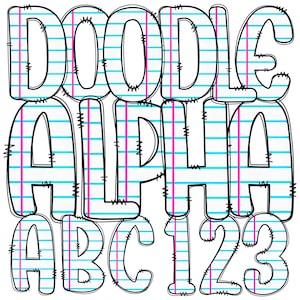 Paper Doodle Alphabet PNG | Hand Drawn Uppercase Letters & Numbers | School Supplies Lettering | Basic Canva Style Doodle V5 | Clipart