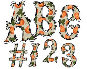 Può includere: Un set di lettere e numeri decorativi con un motivo a zucca e foglie. Le lettere sono A, B, C, e i numeri sono #, 1, 2, e 3.