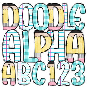 Lápis Papel Doodle Alfabeto Pacote PNG | Letras maiúsculas e números desenhados à mão | Material escolar | Doodle básico estilo Canva V5 | Clipart