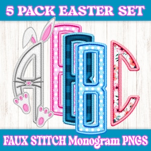 May include: Five pack of Easter themed faux stitch monogram PNG files. The letters are A, B, and C. The A is a bunny rabbit with pink ears and paws. The B is a blue letter with white polka dots. The C is pink with a floral pattern.
