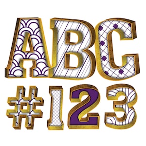 Download digital | Letras e números elegantes 3D roxos e brancos 1 | Conjunto de pacotes de clipart gráfico de imagem PNG | Arte do Alfabeto para Sublimação