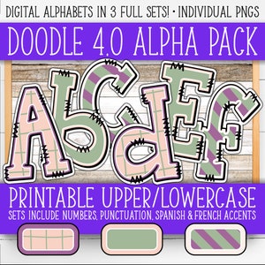 Conjunto de números do alfabeto para placas - Doodle 4.0 | +Francês e Espanhol | Paredes/Porta do Professor | Grade, Listras, Bolinhas, Boho, Calma AL55BOD4-A240