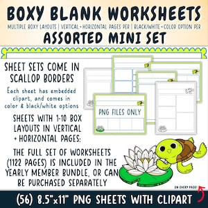 May include: A set of 56 printable 8.5" x 11" worksheets with a turtle and lily pad clipart. The worksheets have a scalloped border and are available in black and white or colour. The worksheets are designed for use with 1-10 boxes in vertical or horizontal layouts.  "PNG Files Only" is written on one of the worksheets.
