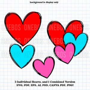 May include: Three individual hearts in red, blue, and pink, and a combined version of the three hearts. The hearts are drawn in a hand-drawn style with black outlines.