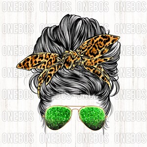 Classic Leopard Messy Bun, Clipart Digital Design with Leopard Cheetah Jaguar Pattern in Bow, Green Sunglasses, Mom Bun For St Paddys