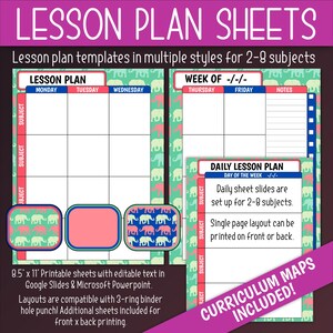 May include: Printable lesson plan templates with elephant illustrations. The templates are designed for 2-8 subjects and include weekly and daily lesson plan options. The templates are 8.5 inches by 11 inches and are compatible with 3-ring binders.