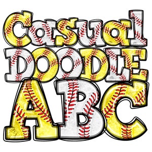 Alfabeto Doodle de beisebol softball PNG, download digital, letras casuais desenhadas à mão, diversão, crianças, esportes escolares, sublimação DTF, letras de bola