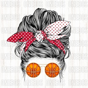 Basketball Mom PNG, Messy Bun Sports, Rood en Wit, College High School Clipart, Bandana Bow Mom Polka Dot, Basketbal Zonnebril Print