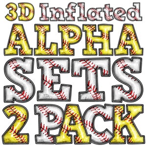 Pacchetto PNG alfabeti gonfiati per softball baseball, confezione da 2 set completi alfa gonfiati a soffio 3D, lettere sportive scolastiche, bianco giallo rosso