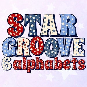 Puede incluir: Letras con estampado de estrellas rojas, blancas y azules deletrean "STAR GROOVE 6 alphabets".