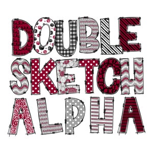 Double Doodle PNG Alphabet Bundle | 2 Alphabets complets Maroon Grey | | modèles d’esquisse Police Doodle dessinée à la main, Rayures Polka Dots Chevron