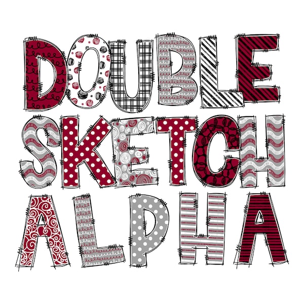 Double Doodle PNG Alphabet Bundle | 2 Full Alphabets Maroon Grey | Sketch Patterns | Hand Drawn Doodle Font, Stripes Polka Dots Chevron