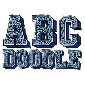 Digital Doodle / Athletic Sports College School Letters in Carolina & Navy Shadow Leopard Pattern / PNG / Hand Drawn Alphabet Clipart Bundle