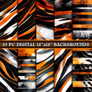 Paquete de fondos de pantalla digitales, conjunto de 10 gráficos PNG de 12x12, papeles blancos negros anaranjados, fondos de textura grunge, rayas, salpicaduras, abstractos