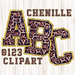 Könnte beinhalten: Goldene Glitzer-Chenille-Buchstaben A, B und C mit Leopardenmuster. Die Buchstaben sind in Gold umrandet. Der Text "CHENILLE 6123 CLIPART" befindet sich unter den Buchstaben.