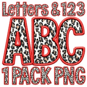 May include: Red outlined letters and numbers with a leopard print pattern. The letters spell out "ABC" and the numbers spell out "123". The text "1 PACK PNG" is also included in the image.