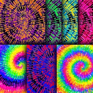 Może przedstawiać: Kolekcja ośmiu kolorowych wzorów tie-dye z wirującym, okrągłym wzorem. Wzory są w odcieniach pomarańczowego, fioletowego, zielonego, niebieskiego, czerwonego, żółtego i różowego.