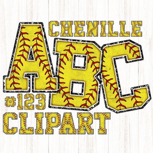 Digitaal softbal chenille-alfabet met steekpatroon, sublimatie PNG-clipart, alfaletters en cijfers, actief, Varsity, College, School