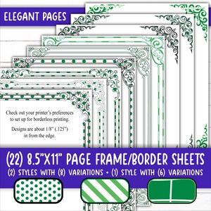May include: A collection of white A4 page frame/border sheets with green decorative designs. The text "ELEGANT PAGES" is at the top. The image includes text about printer settings and the number of variations.