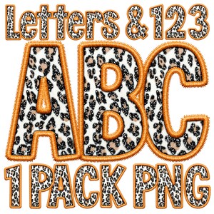 Può includere: Un set di lettere e numeri con stampa leopardata arancione e bianca. Le lettere sono A, B e C. I numeri sono 1, 2 e 3. Il testo "Letters & 123" e "1 Pack PNG" è incluso anche nell'immagine.