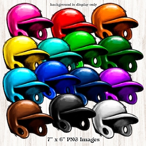 May include: A set of 15 baseball helmets in various colors, including pink, red, orange, yellow, green, blue, purple, brown, black, and white. The helmets are painted with a brushstroke effect and have a stitched seam detail. The helmets are 7 inches by 6 inches and are PNG images.