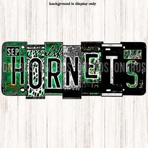 Matrícula de los Hornets PNG, imágenes prediseñadas de la mascota de la escuela en letras de matrícula para Hornets, alternando letras de combinación de mezcla verde, blanco negro