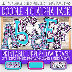 Conjunto de números do alfabeto para placas - Doodle 4.0 | +Francês e Espanhol | Paredes/Porta do Professor | Roxo, estampa de leopardo azul-petróleo, abstrato AL55BOD4-A180