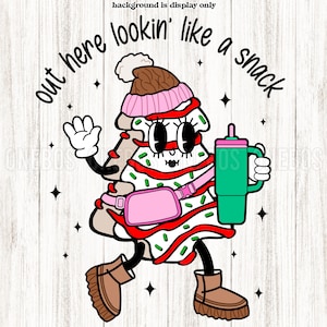 Ressemblant à une collation PNG, Bougie Mama, gâteau de sapin de Noël, vanille, Stanley, sac banane, dessin animé de Noël rétro par sublimation, bohème