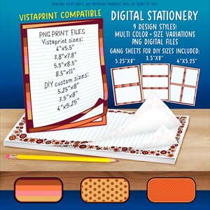 May include: Digital stationery printable design featuring 9 different styles with multiple color and size variations. The design includes a border of brown and orange circles. The printable design is compatible with Vistaprint and includes gang sheets for DIY sizes. The sizes included are 4"x5.5", 3.8"x7.8", 5.5"x8.5", 8.5"x11", 5.25"x8", 3.5"x8", and 4"x5.25".