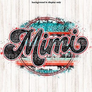 Puede incluir: Un diseño gráfico en blanco y negro de la palabra "Mimi" en una fuente estilizada. La palabra está rodeada de un círculo con rayas rojas, blancas y azules y un patrón floral turquesa.