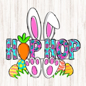 Doodle HipHop PNG für Ostern | Hase Doodle Kunst mit Möhre, Floral Buchstaben, Füße Gras Eier, Sublimation Design für Print, Mama, Kinder