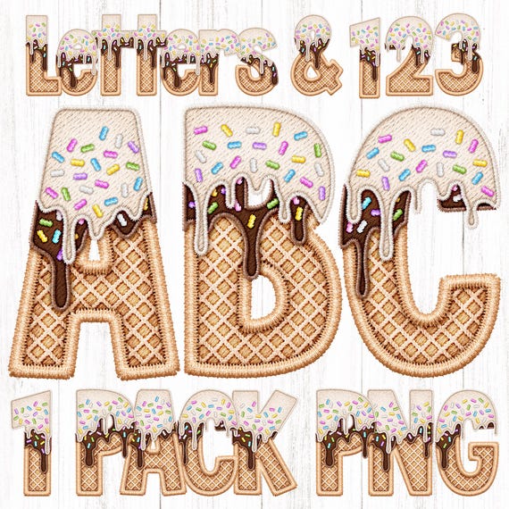 Ice-Cream Cone Alphabet PNG, Faux Embroidery Drip Letters, Vanilla & Chocolate Drippy Ice-Cream Alpha, Sprinkles, Waffle Cone, Digital PNG